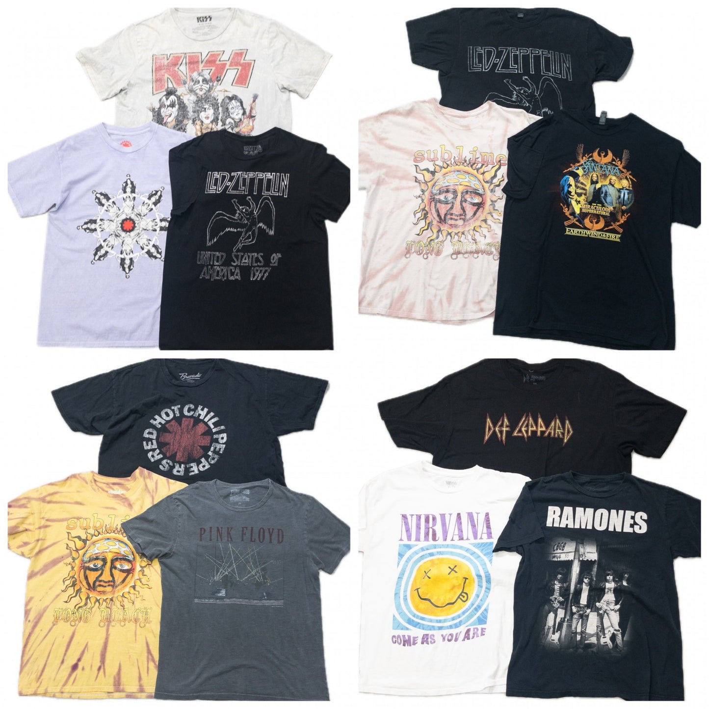 Used clothing wholesale, bulk sale, washed, mixed brand band t-shirts, 12-piece set (S-XXL), including Red Hot Chili Peppers, Kiss, etc.