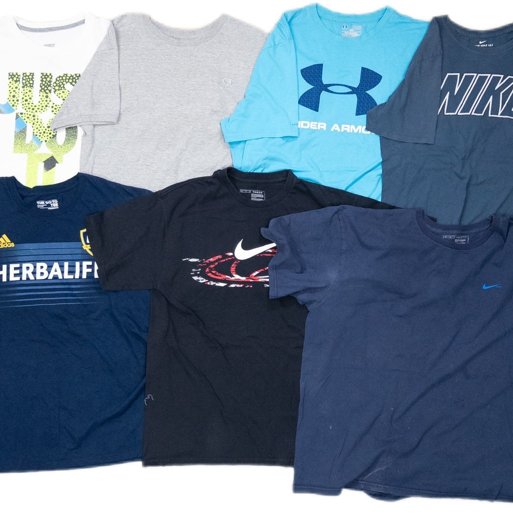 Used Clothing Wholesaler: Bulk Sale of Washed Short Sleeve T-Shirts (30-Count, Mixed Sports Brands) (S-XXXL) Champion, Nike, etc.