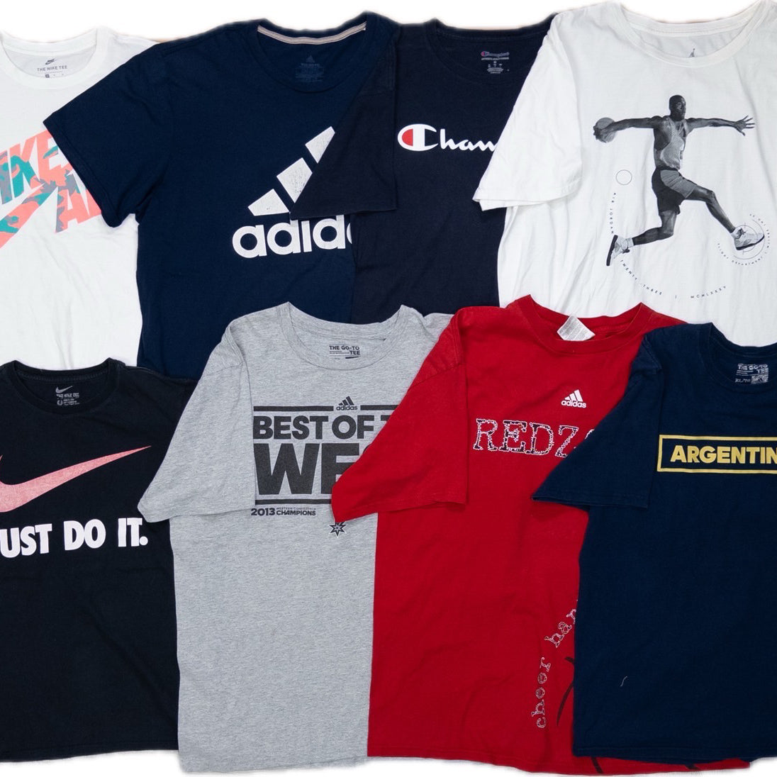 Used Clothing Wholesaler: Bulk Sale of Washed Short Sleeve T-Shirts (30-Count, Mixed Sports Brands) (S-XXXL) Champion, Nike, etc.