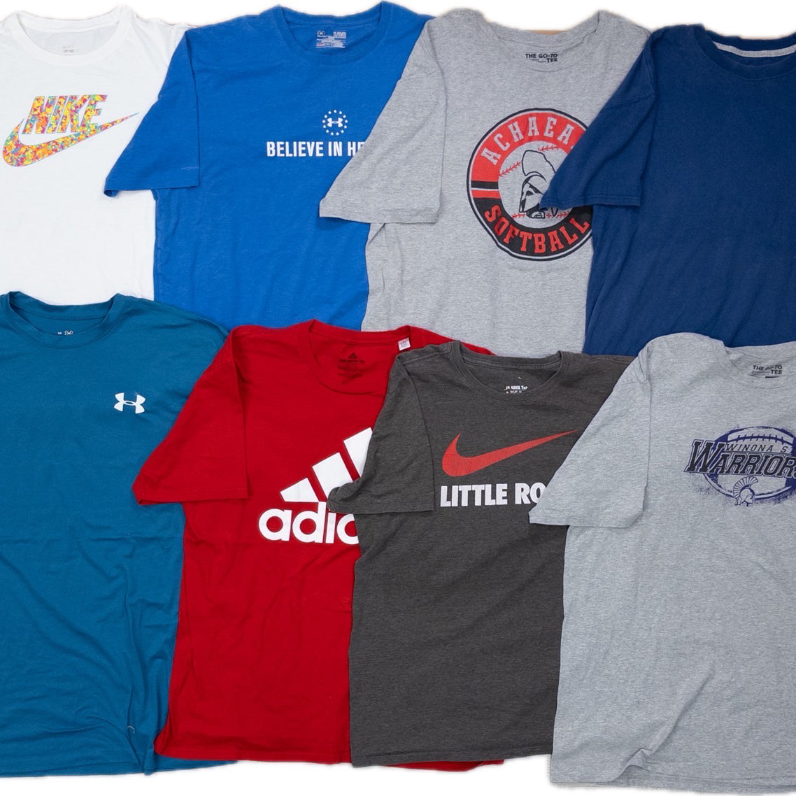 Used Clothing Wholesaler: Bulk Sale of Washed Short Sleeve T-Shirts (30-Count, Mixed Sports Brands) (S-XXXL) Champion, Nike, etc.