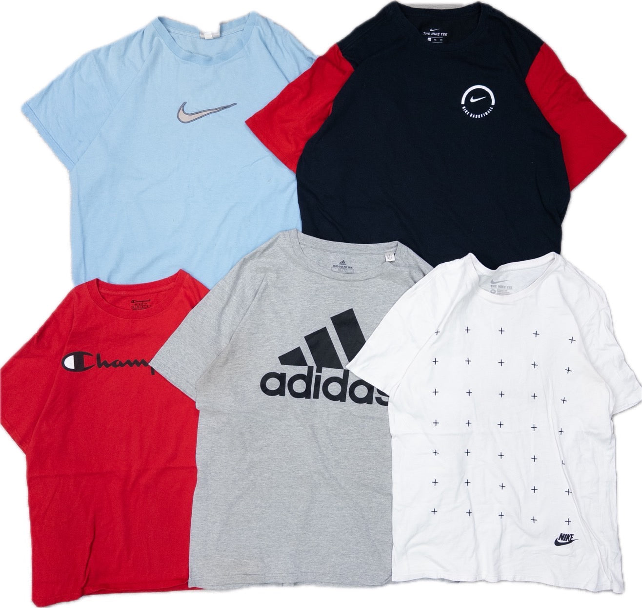 Used Clothing Wholesale: Bulk Sale of Washed Short Sleeve T-Shirts (20-Count, Mixed Sports Brands) (S-XXL) Nike, Adidas, Champion, etc.