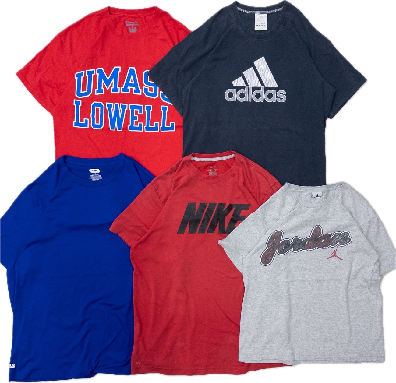 Used Clothing Wholesale: Bulk Sale of Washed Short Sleeve T-Shirts (20-Count, Mix of Sports Brands, Sizes S-XXL) from Nike, Champion, and More