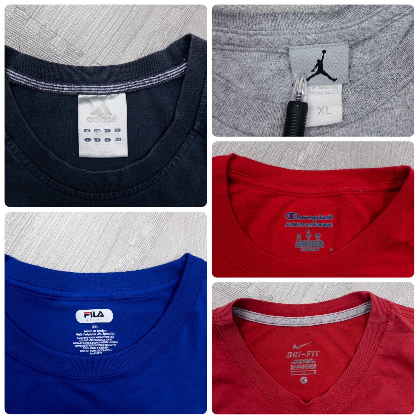 Used Clothing Wholesale: Bulk Sale of Washed Short Sleeve T-Shirts (20-Count, Mix of Sports Brands, Sizes S-XXL) from Nike, Champion, and More