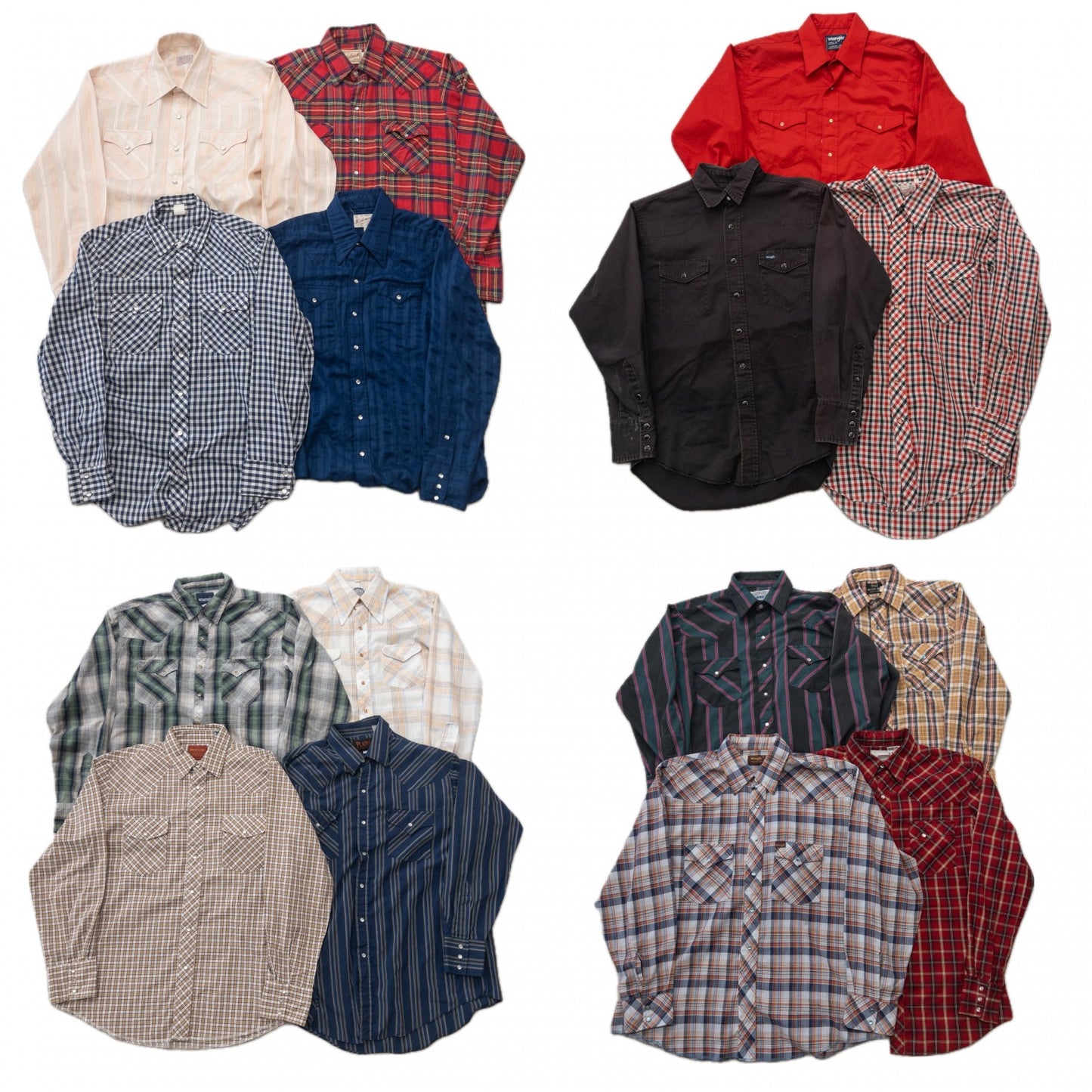 Used clothing wholesale, bulk sale, washed, mixed-brand long-sleeve western shirts, 15-piece set (M-XL), including Wrangler and Woolrich styles.