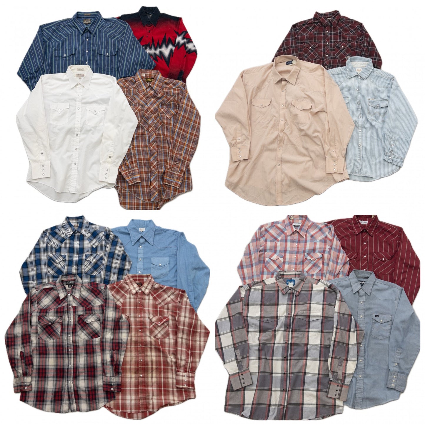 Wholesale Used Clothing, Mixed Brands, Long Sleeve Western Shirts, 15-Piece Set (S-XXXL), Wrangler, Woolrich, etc.