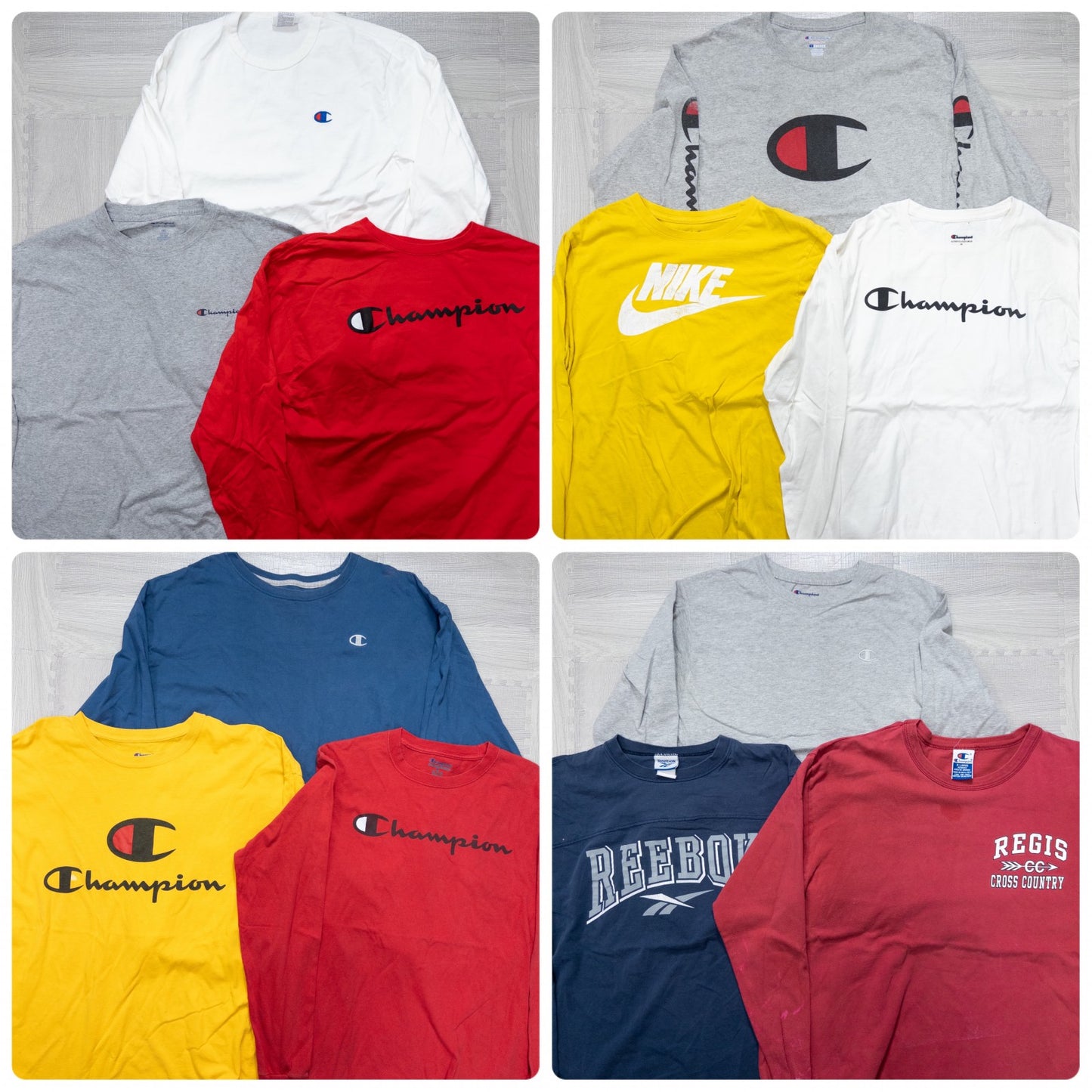 Used clothing wholesale, bulk sale, washed, mixed-brand long-sleeve T-shirts (12-pack, M-XXL) from Nike, Champion, and more.