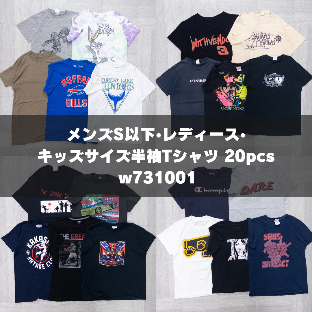 Used clothing wholesale bulk sale. Washed short-sleeved T-shirts in sizes S and smaller for men, women, and kids. Set of 20 (XS-M). Product code: w731001