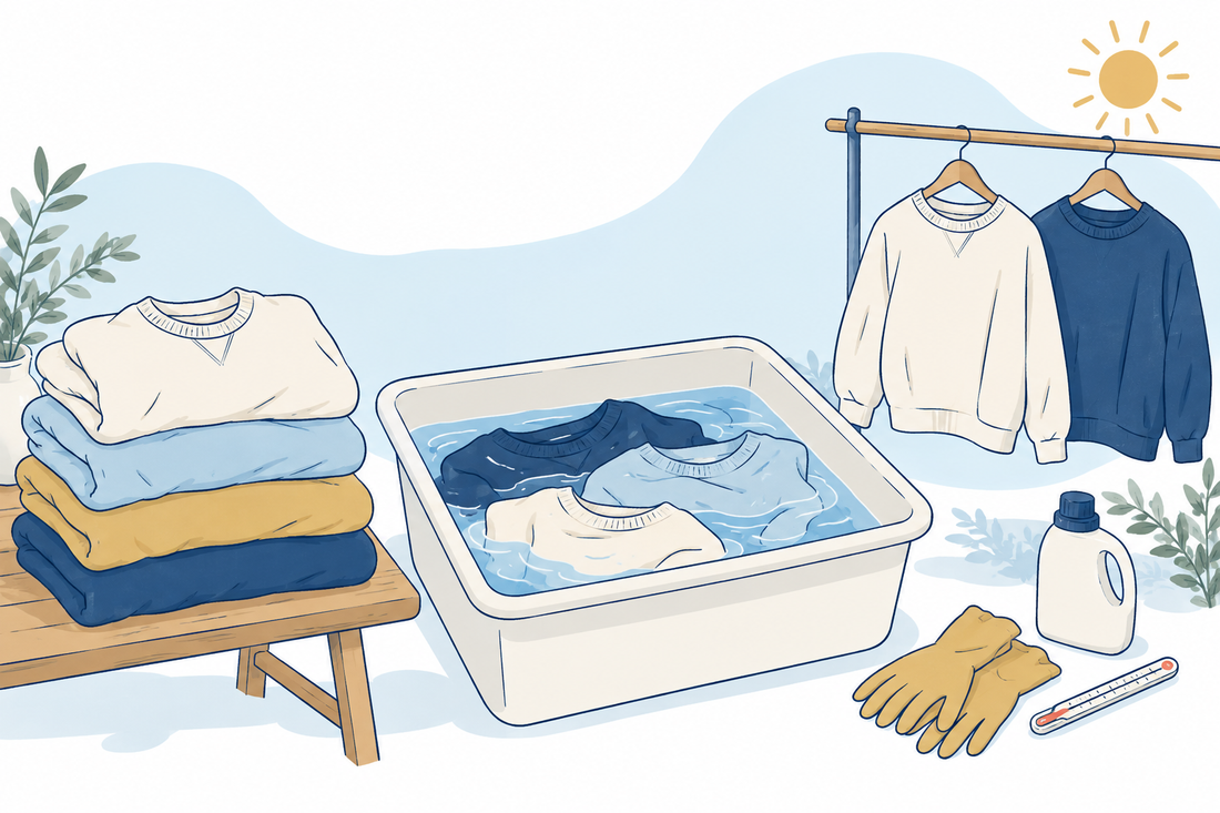 古着の検品・つけ置き・乾燥を表すイラスト