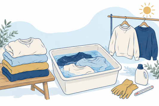 古着の検品・つけ置き・乾燥を表すイラスト
