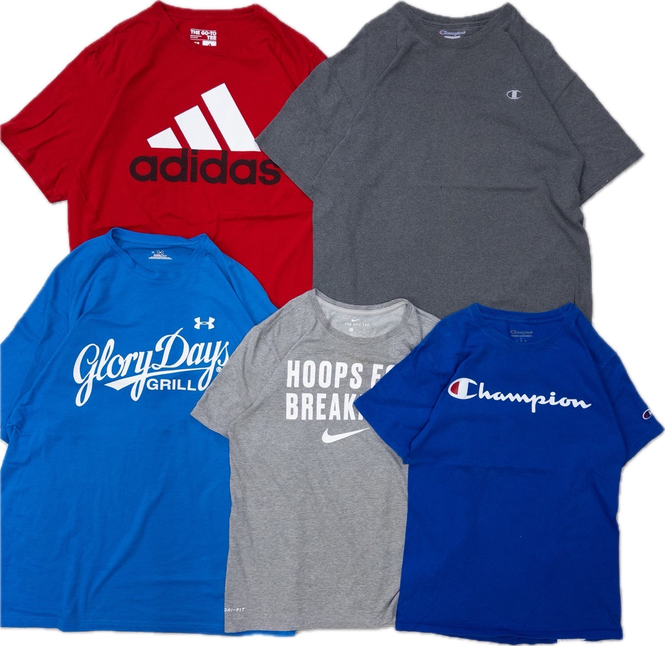 Used Clothing Wholesale: Bulk Sale of Washed Short Sleeve T-Shirts (20-Count, Mix of Sports Brands, Sizes S-XXL) from Nike, Champion, and More 