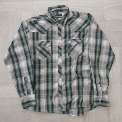 Used clothing wholesale, bulk sale, washed, mixed-brand long-sleeve western shirts, 15-piece set (M-XL), including Wrangler and Woolrich styles. 