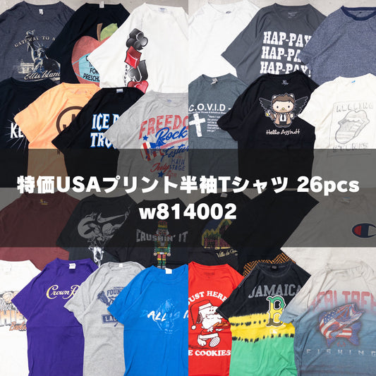 古着卸 現物まとめ売り 洗濯済み 特価USAプリント半袖Tシャツ 26枚セット(S-XXXL) w814002
